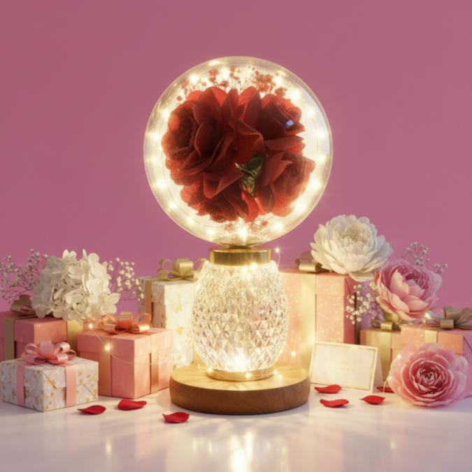 Декоративна лампа с червени рози и мека светлина  за топлина и хармон