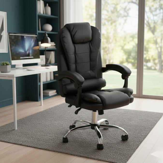 Ергономичен офис стол с лумбална опора от еко кожа в черен цвят  комф