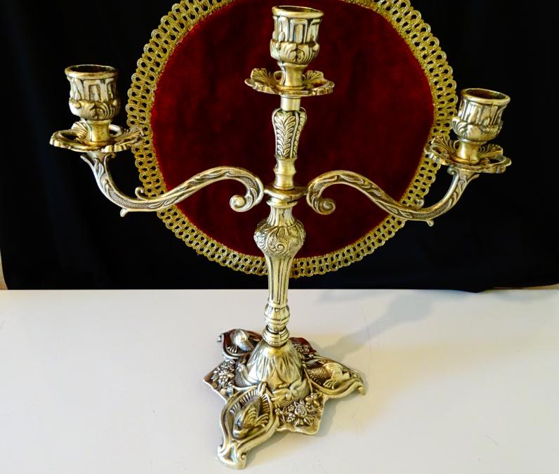 Бронзов троен свещник, свещник тройка, риби, барок.