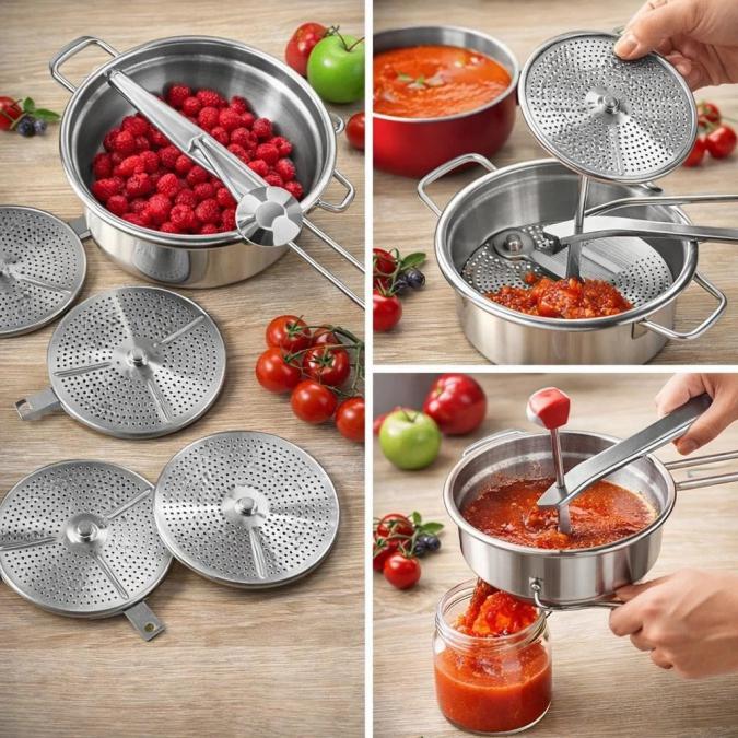 Мелница цедка за зеленчуци и плодове, 4 части, Неръждаема стомана