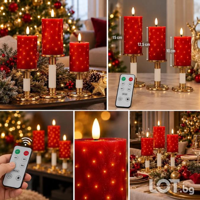 Комплект 3 LED коледни свещи с ефект на блещукащи светлинки, реалистич