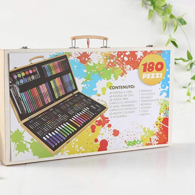 Комплект за рисуване Angmad, 180 части, дървен куфар, размери 47x29 см