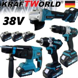 Комплект Немски Акумулаторни Безчеткови Машини 4в1 Kraftworld 38V 10ah