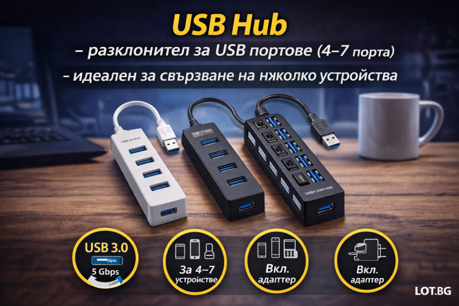 USB hub  разклонител за USB портове 4 7 порта  идеален за свързван