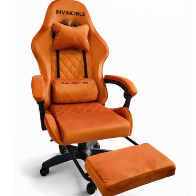 Оранжев велурен геймърски стол с поставка за крака  ергономичен, мета