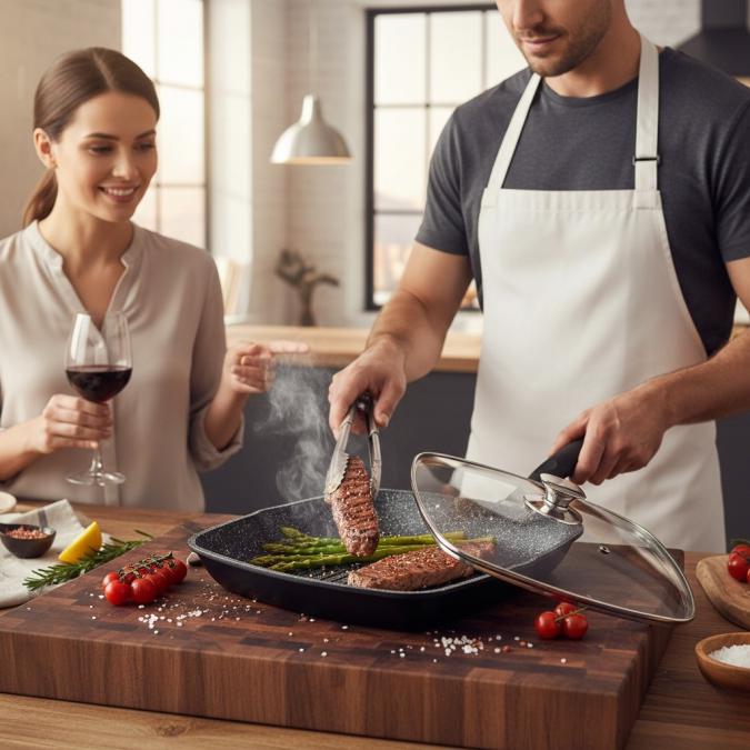 Грил тиган 28см с капак и мраморно покритие Cheffinger  за индукция,