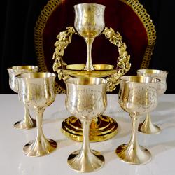 Бронзови чаши за ракия, столче, гравирани.