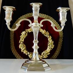 Посребрен свещник тройка, троен свещник от мед.
