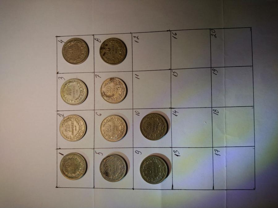 10 броя монети по 20 стотинки от 1913 г.
