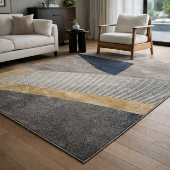 Модерен килим за хол 120х160см - Сиво с диагонална златна лента и 3D е