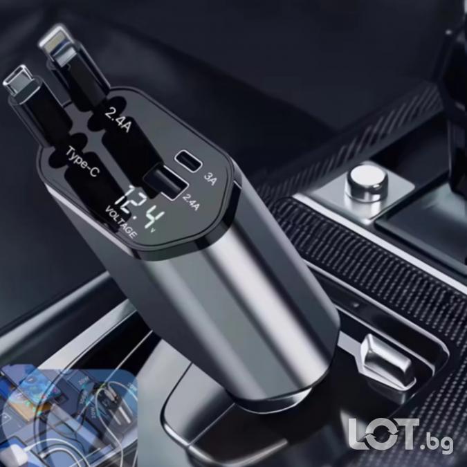 Автомобилно зарядно 4в1, 100w с Usb-c, Lightning, прибиращи се кабели