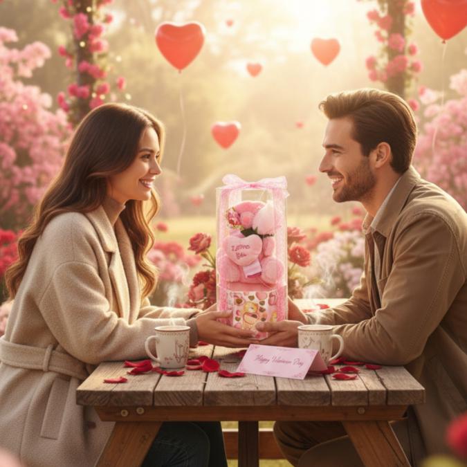 Подаръчен комплект с плюшено мече и надпис Love you в прозрачна кути