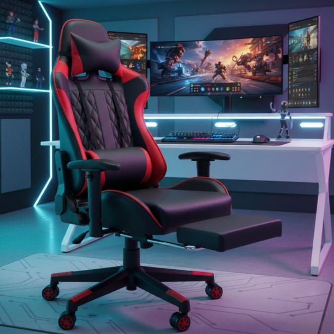 Ергономичен геймърски стол с функция за масаж и подложка за крака - че