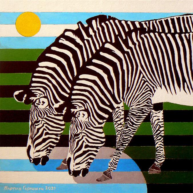 Маслена картина със зебри.