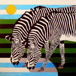 Маслена картина със зебри.