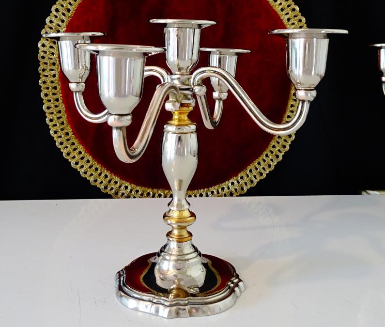 Посребрен свещник петица, позлата, 800 гр. чиста мед.