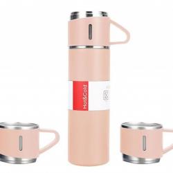 Подаръчен комплект термос с 3 чаши, зелен, розов, сив