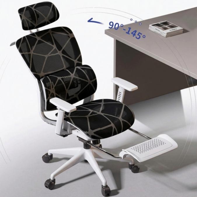 Ергономичен бял офис стол с 3D лумбална опора и наклон 145  максимал