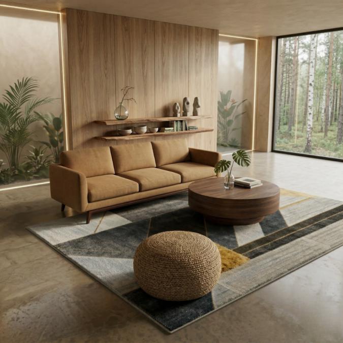 Модерен килим за хол 120х160см - Геометрично сиво със жълт квадрат и 3