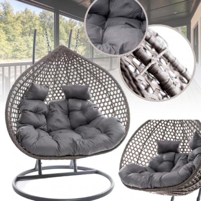 Двойна висяща ратанова люлка тип пашкул с метална рамка и възглавница