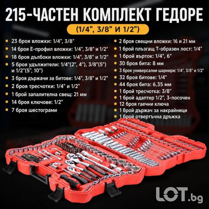 Комплект гедоре от 215 части - всичко под ръка в удобен куфар