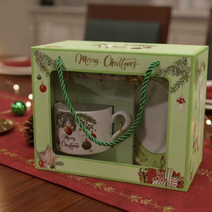 Коледен подаръчен комплект  Керамична чаша с лъжичка и чинийка в пра