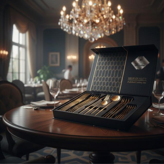 Комплект прибори за хранене в златист цвят от 24 части с луксозен диза