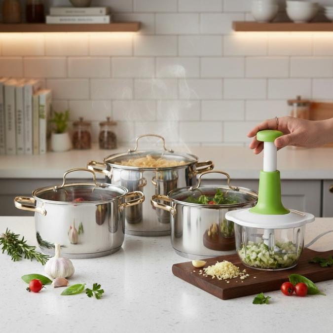 Комплект тенджери с елегантни златисти дръжки Dj24  Подарък Ръчен чоп