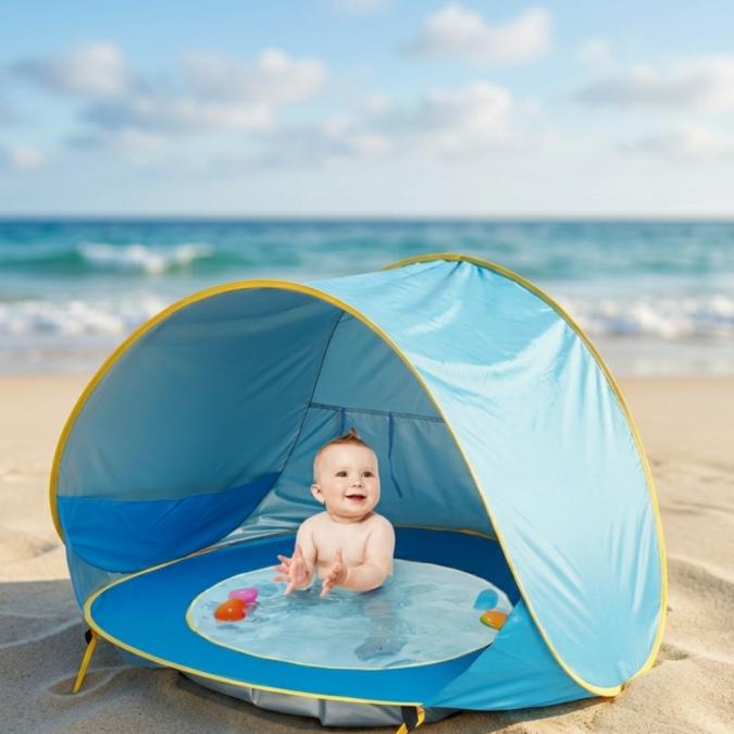 Саморазгъваща плажна палатка с детски басейн 2в1  UV защита, водоусто