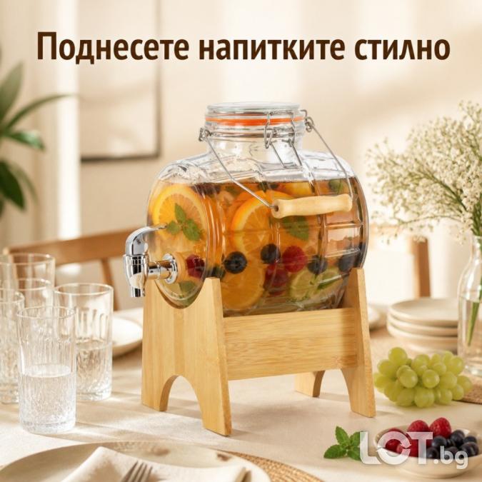 Диспенсър 3 л с бамбукова стойка и кранче
