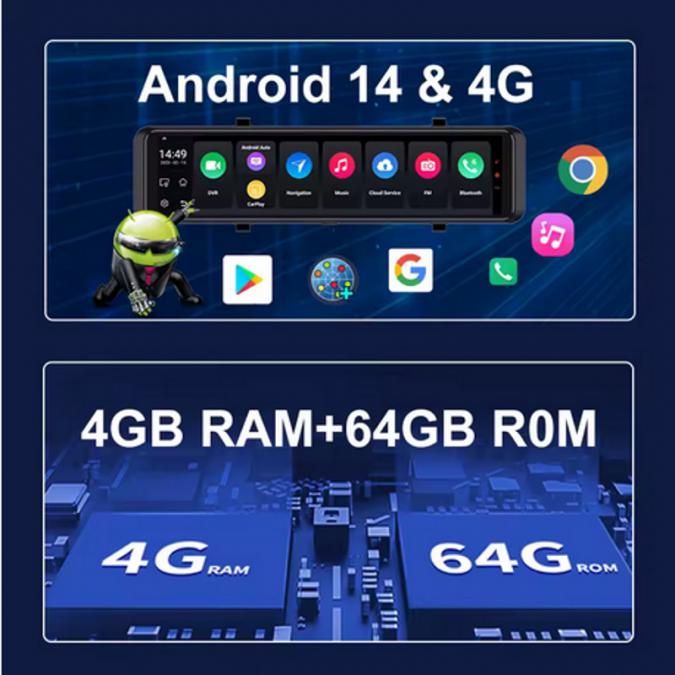 12-инчово смарт огледало с Android 14, 4G Lte, Wifi, безжични Carplay