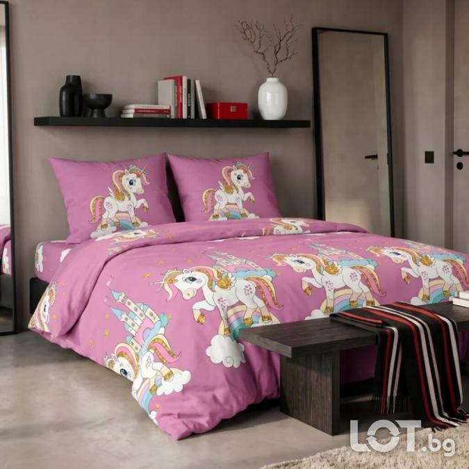 Спален комплект Еднорог 160x200 см с 2 калъфки  мек микрофибър, роз