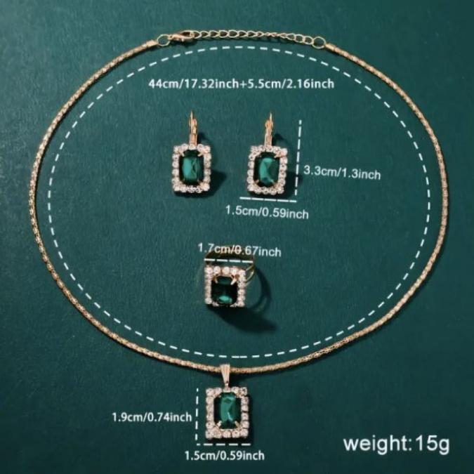 Елегантен комплект часовник и бижута с зелени кристали и златист корпу