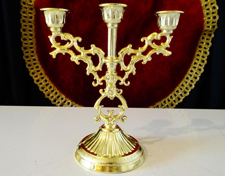 Калаен троен свещник тройка, посребрен, позлатен.