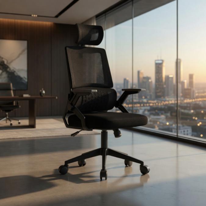 Ергономичен офис стол с лумбална опора  Черен, до 250 кг, регулируем