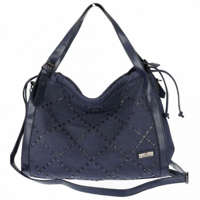 Велурена дамска чанта с декоративни ленти и метални капси  елегантен