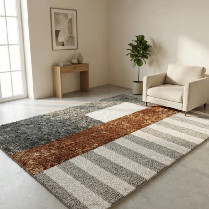 Модерен килим за хол 120х160см - Кафяв меланж с бежови райета и 3D ефе