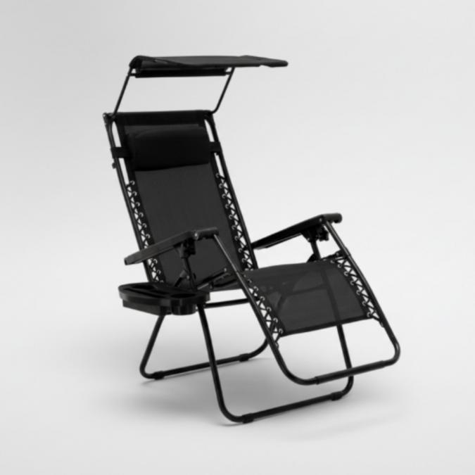 Сгъваем градински шезлонг с поставка, джоб, възглавница и сенник - ком