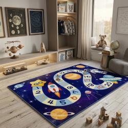 Детски килим за игра 120х160см - Тъмносин килим с космос и пътека от ч