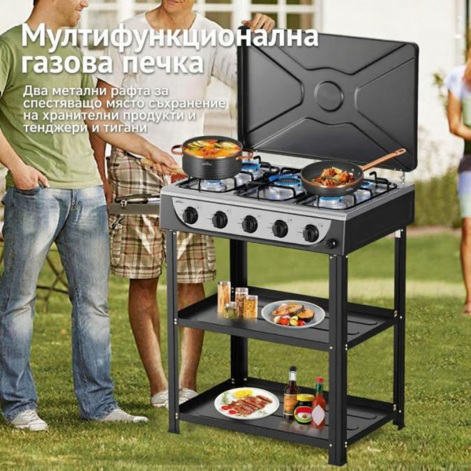 Газова печка Homelux с 5 котлона и стелаж на два етажа, 7.2kw, неръжда