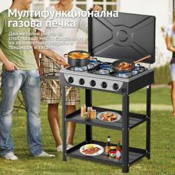 Газова печка Homelux с 5 котлона и стелаж на два етажа, 7.2kw, неръжда