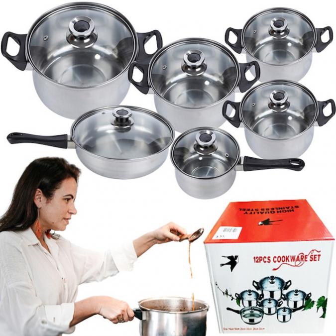 Комплект готварски съдове от инокс 12 части 5 тенджери, тиган и стъкл