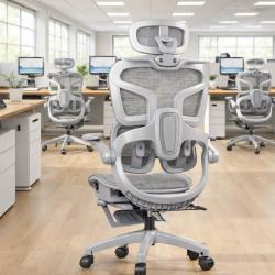 Ергономичен мрежест офис стол с подглавник и поставка за крака, 4D рег