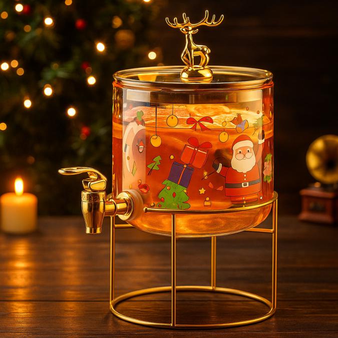 Стилен коледен стъклен диспенсър 2.6 L със златиста стойка