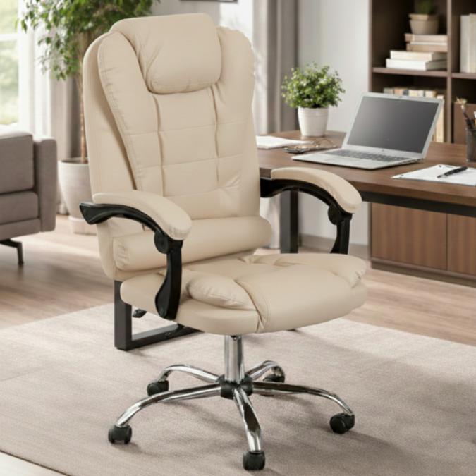 Ергономичен офис стол с лумбална опора от еко кожа в бежов цвят  комф