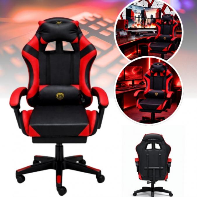 Удобен геймърски стол с поставка за крака и масажна лумбална възглавни