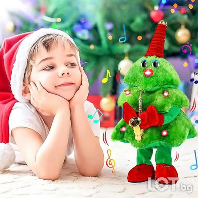 Пееща и танцуваща коледна елха със саксофон, светлинни ефекти и музика