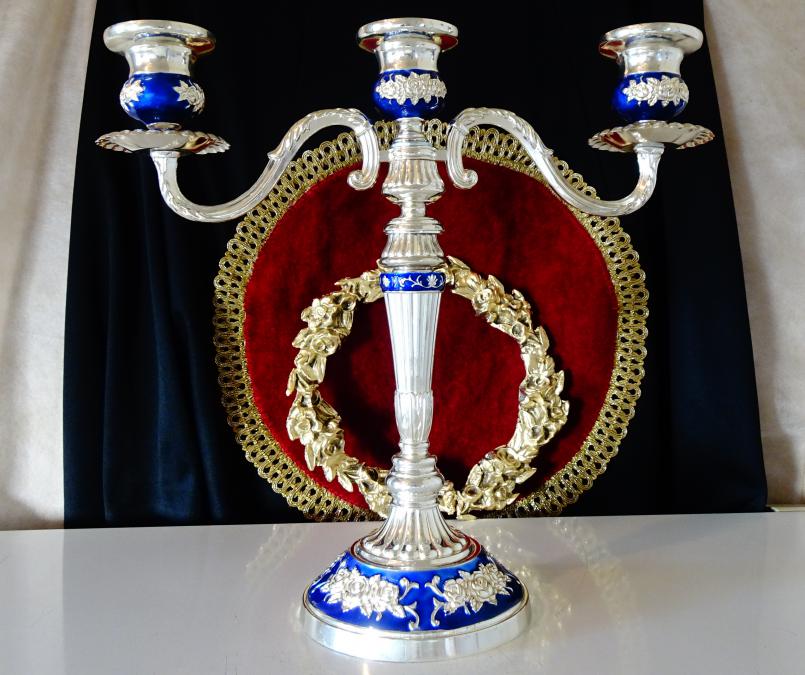 Посребрен троен свещник, рози, кобалт, рококо.