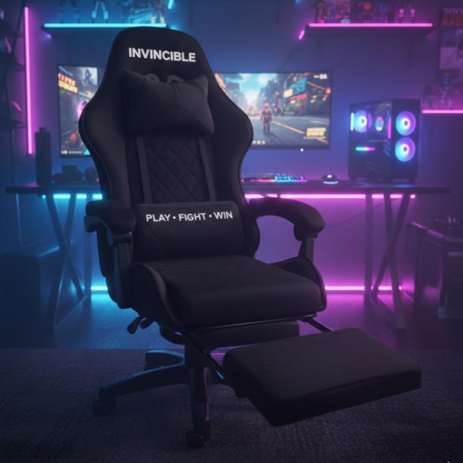 Черен геймърски стол с регулируема височина, лумбална възглавница и ме