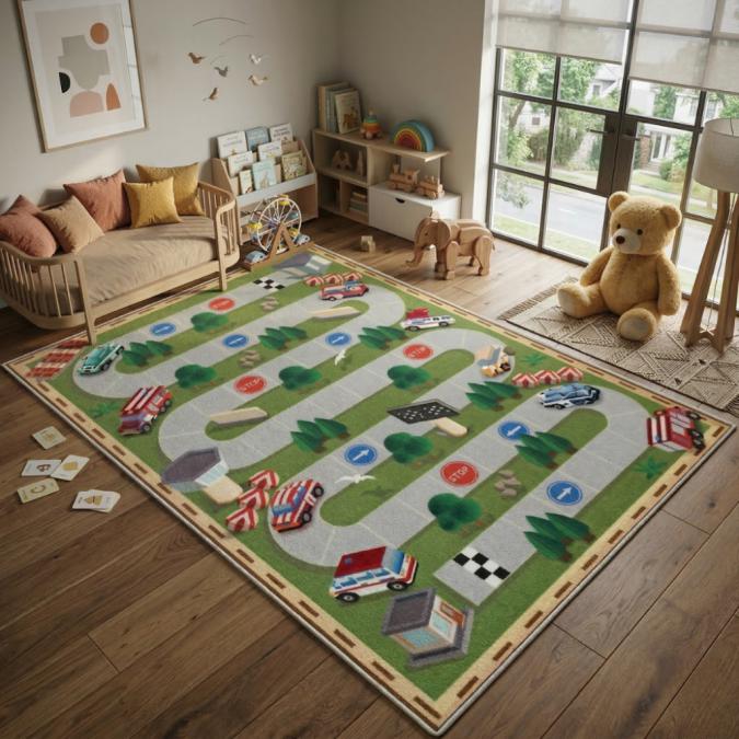 Детски килим за игра 120х160см - Тъмнозелен килим с автописта, противо